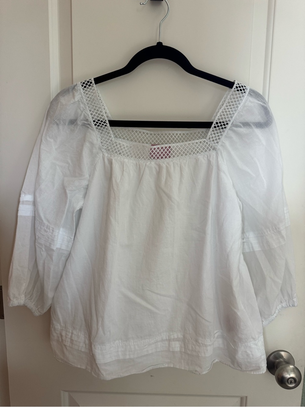 Muse White Square-Neck Peasant Blouse with Lattice Trim